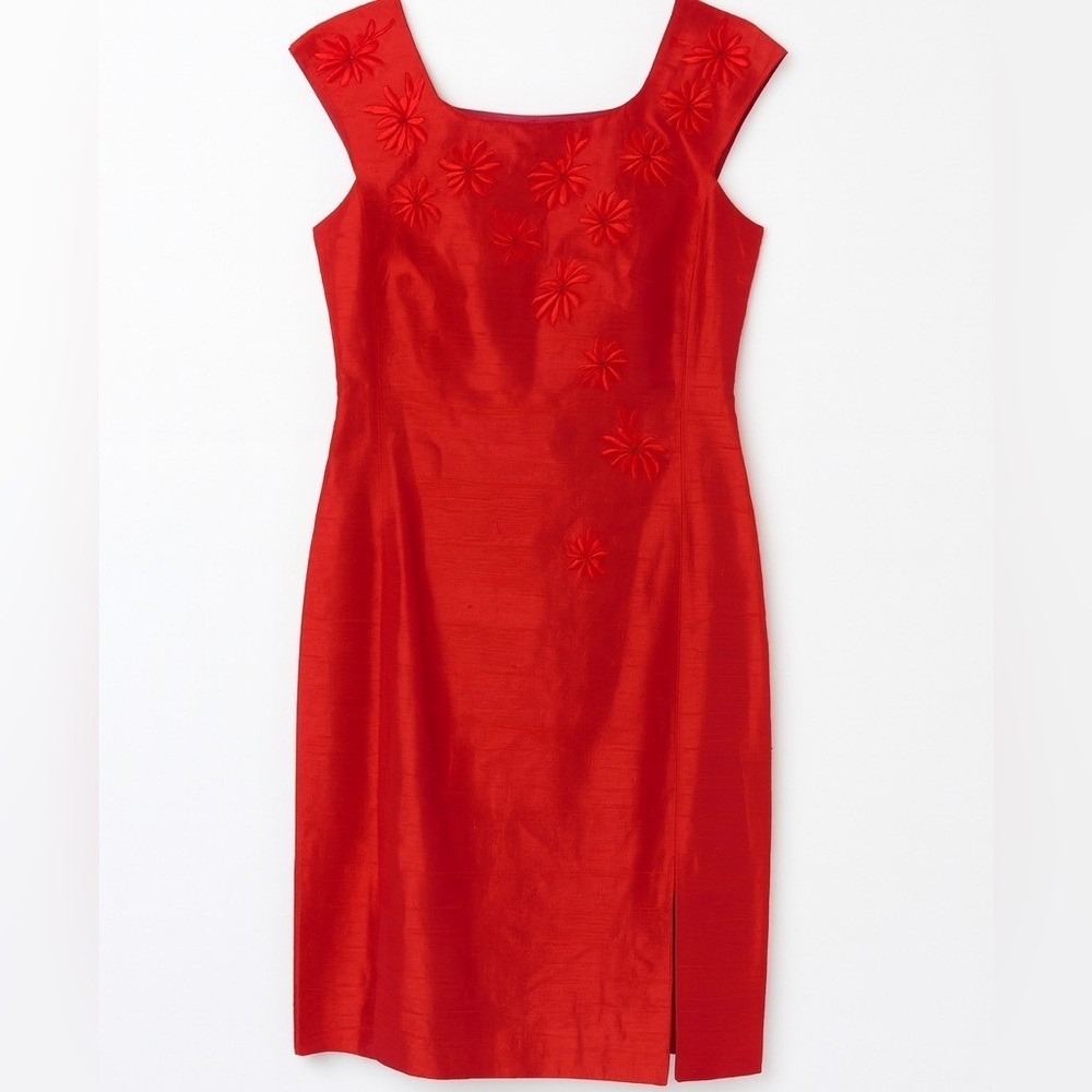 Donna Morgan Raw Silk Embroidered Dress Size 10 – orange with pink undertones